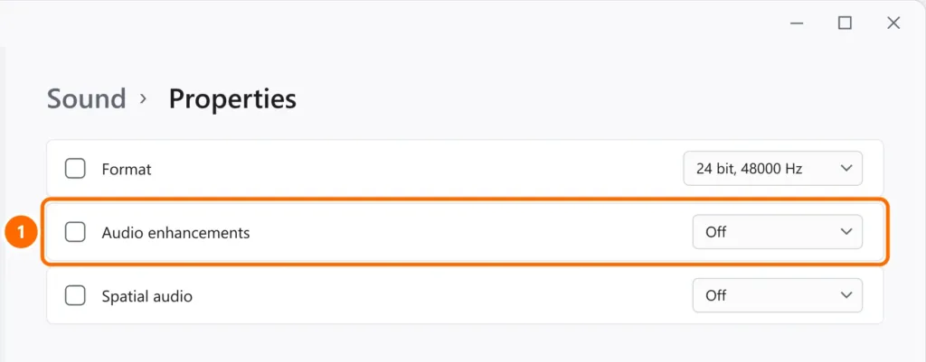 Sound device properties with Audio enhancements turned off and highlighted