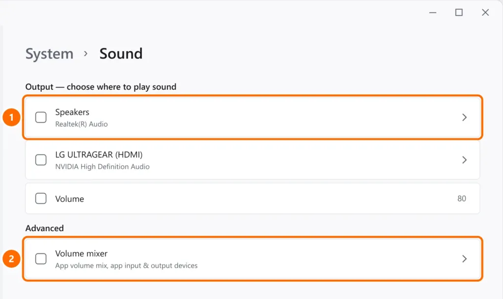 Windows 11 Sound settings with the Speakers output device and Volume mixer highlighted