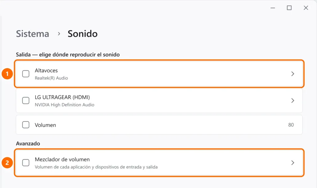 Configuración de Sonido de Windows 11 con el dispositivo de salida Altavoces y el Mezclador de volumen destacados