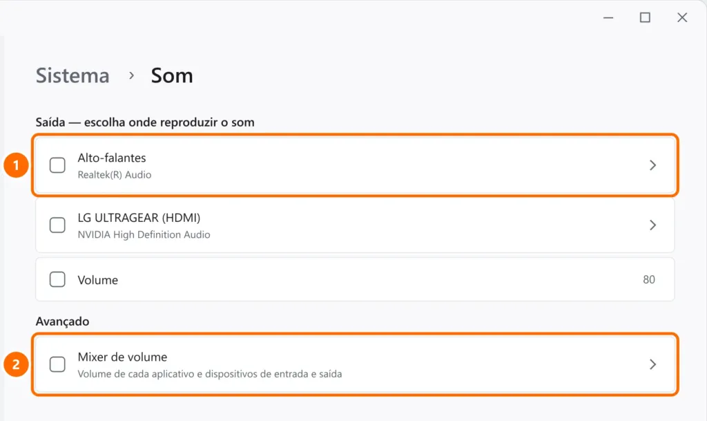 Configurações de Som do Windows 11 com o dispositivo de saída Alto-falantes e o Mixer de volume destacados