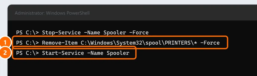 PowerShell as administrator with the commands to stop the spooler, clear the stuck queue and start the spooler