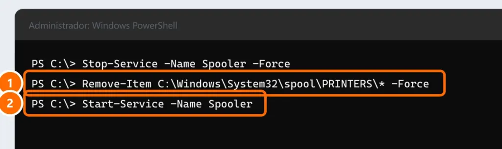 PowerShell como administrador com os comandos para parar o spooler, apagar a fila travada e iniciar o spooler