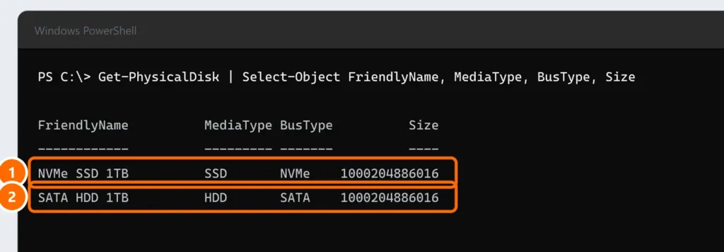PowerShell showing Get-PhysicalDisk output with an SSD on BusType NVMe and a hard drive on BusType SATA