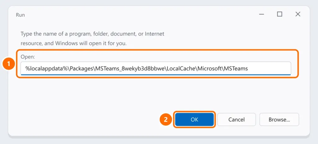 Run box with the new Teams cache folder path highlighted