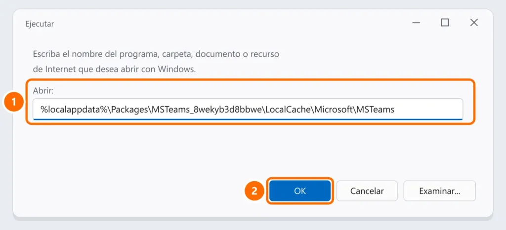 Cuadro Ejecutar con la ruta de la carpeta de caché del nuevo Teams destacada