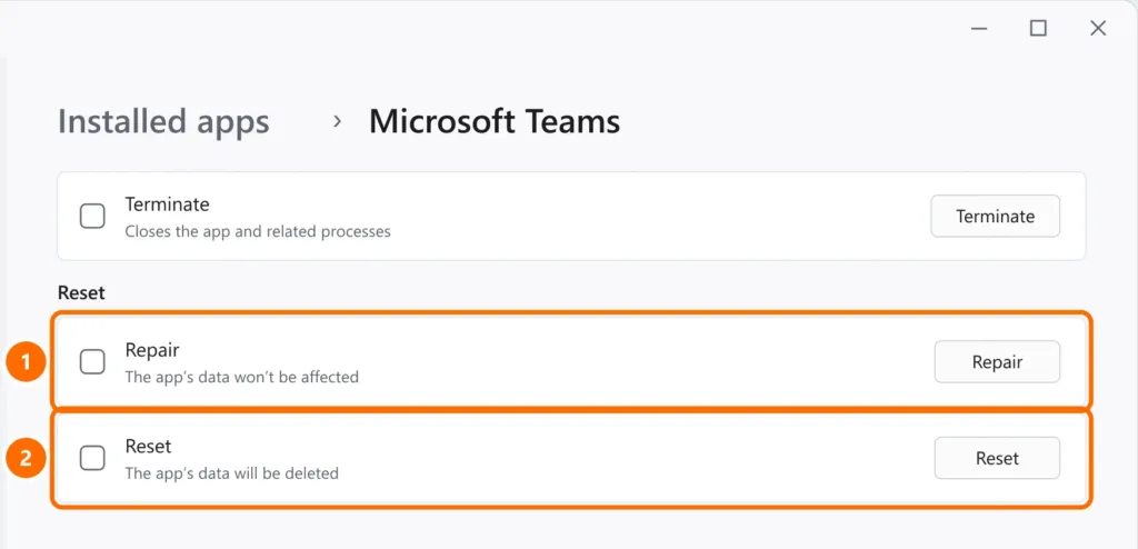 Microsoft Teams advanced options with the Repair and Reset buttons highlighted
