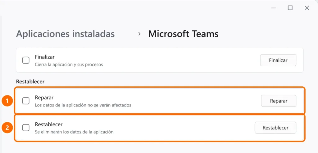 Opciones avanzadas de Microsoft Teams con los botones Reparar y Restablecer destacados