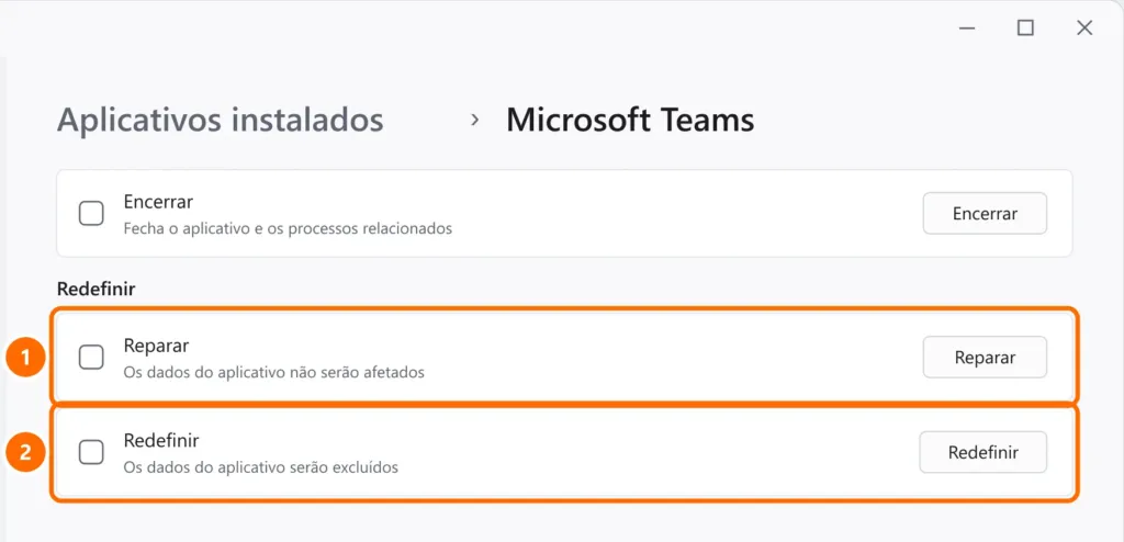 Opções avançadas do Microsoft Teams com os botões Reparar e Redefinir destacados