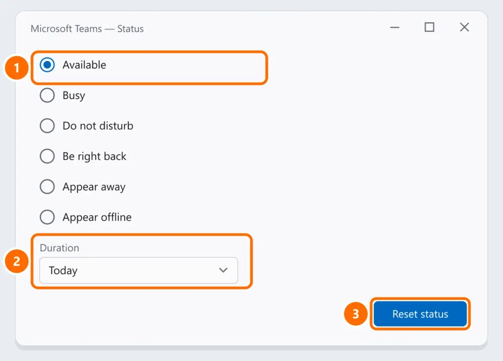 Microsoft Teams status options with Available selected, the status duration and the Reset status button highlighted