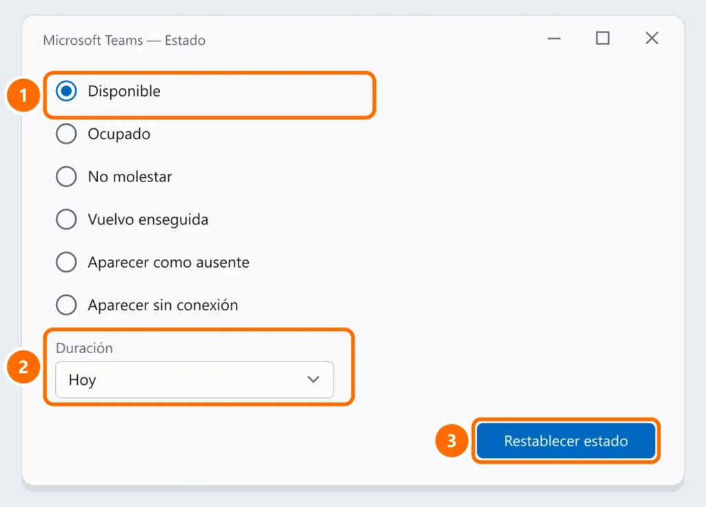Opciones de estado de Microsoft Teams con Disponible seleccionado, la duración del estado y el botón Restablecer estado destacados