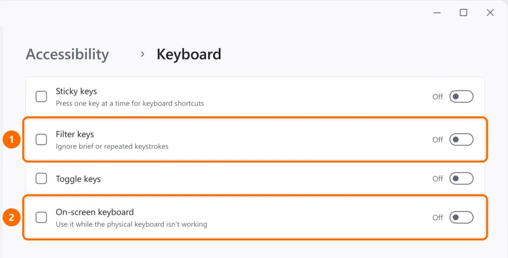 Accessibility › Keyboard settings with Filter keys off and the On-screen keyboard highlighted