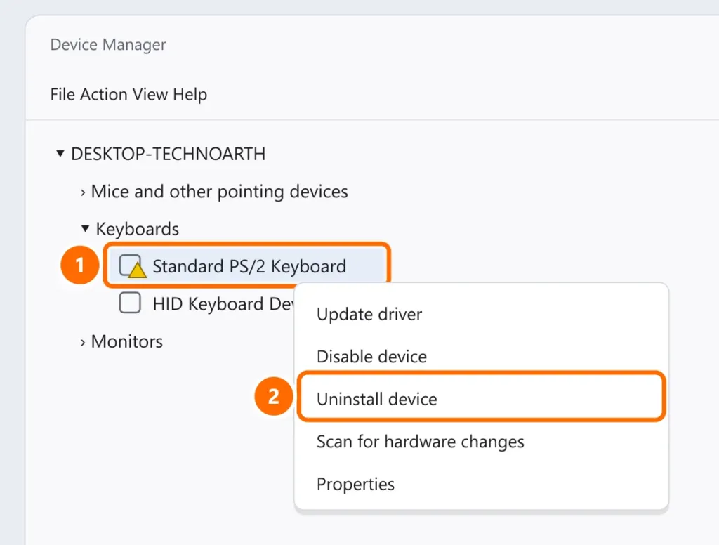 Device Manager with the internal keyboard showing a warning selected and Uninstall device highlighted