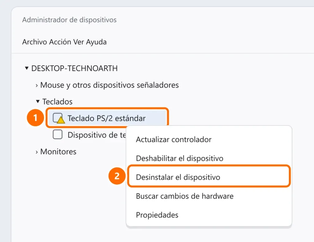 Administrador de dispositivos con el teclado interno con alerta seleccionado y Desinstalar el dispositivo destacado