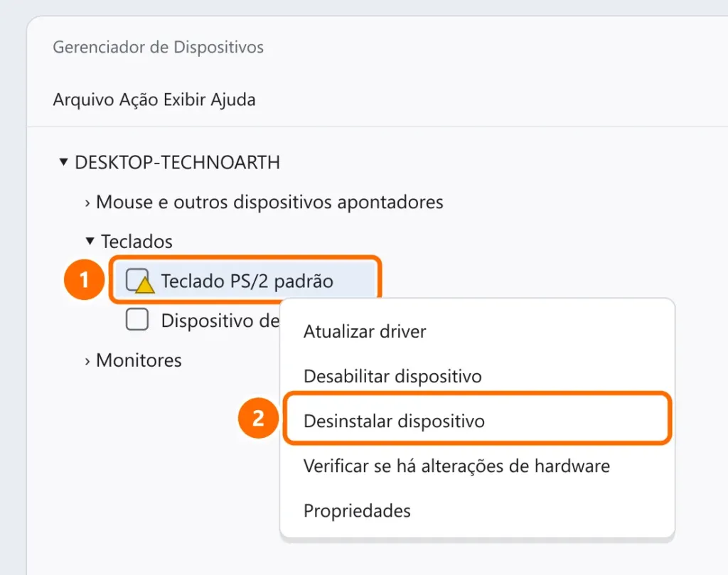 Gerenciador de Dispositivos com o teclado interno com alerta selecionado e a opção Desinstalar dispositivo destacada