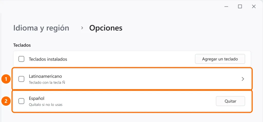 Opciones de idioma con los teclados instalados Latinoamericano y Español, y el botón Quitar destacado