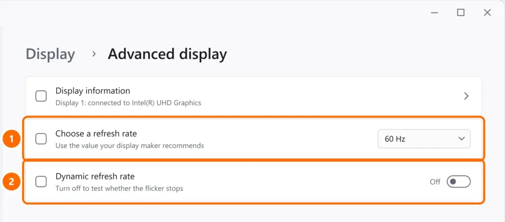 Advanced display settings with the refresh rate at 60 Hz and dynamic refresh rate off, both highlighted