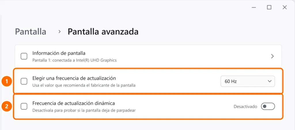 Configuración de Pantalla avanzada con la frecuencia de actualización en 60 Hz y la frecuencia dinámica desactivada, ambas destacadas