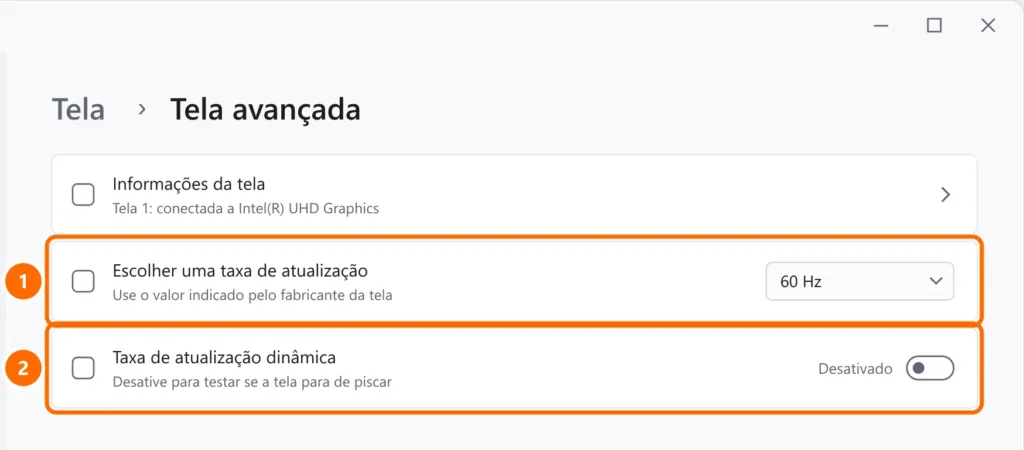 Configurações de Tela avançada com a taxa de atualização em 60 Hz e a taxa de atualização dinâmica desativada, ambas destacadas