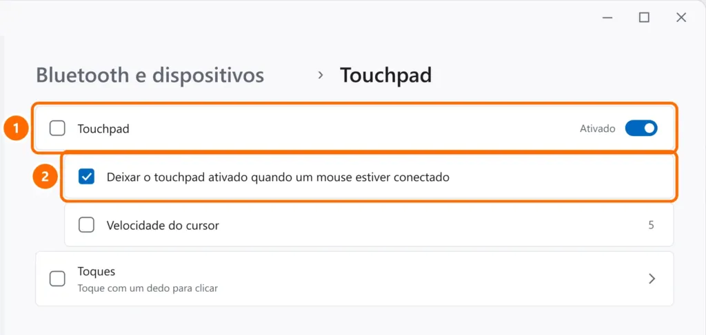 Configurações do Touchpad com a chave ativada e a opção de manter o touchpad ativado com mouse conectado marcada e destacada