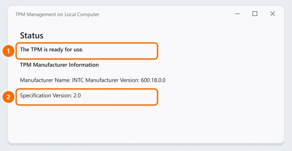 tpm.msc console showing The TPM is ready for use and Specification Version 2.0, both highlighted