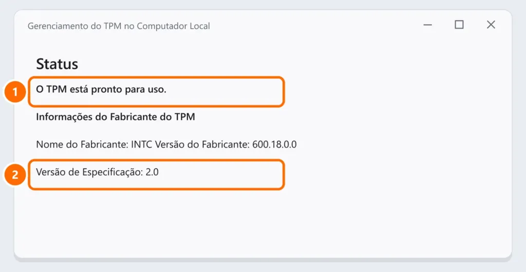 Console tpm.msc mostrando O TPM está pronto para uso e a Versão de Especificação 2.0, ambos destacados