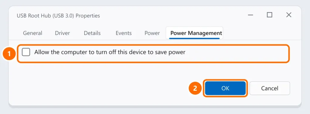 USB Root Hub properties on the Power Management tab with the option to turn off the device to save power unchecked and highlighted