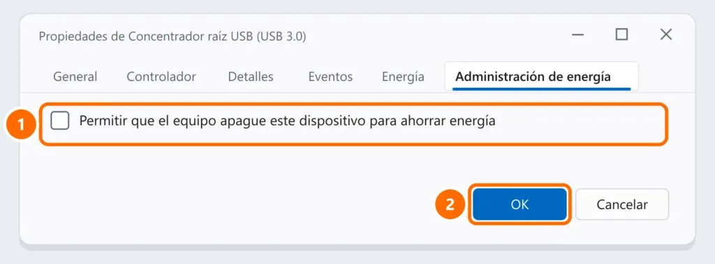 Propiedades del concentrador raíz USB en la pestaña Administración de energía con la opción de apagar el dispositivo para ahorrar energía desmarcada y destacada