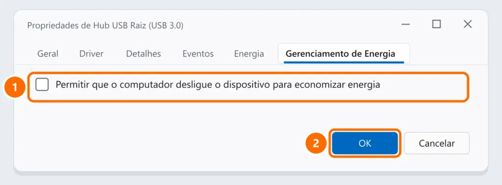 Propriedades do Hub USB Raiz na guia Gerenciamento de Energia com a opção de desligar o dispositivo para economizar energia desmarcada e destacada