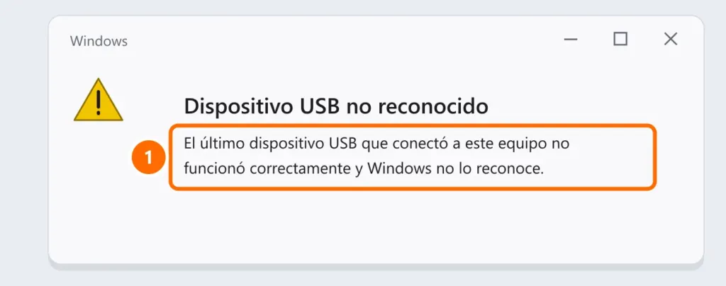 Aviso de Windows: Dispositivo USB no reconocido, el último dispositivo USB conectado no funcionó correctamente