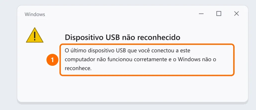 Aviso do Windows: Dispositivo USB não reconhecido, o último dispositivo USB conectado não funcionou corretamente