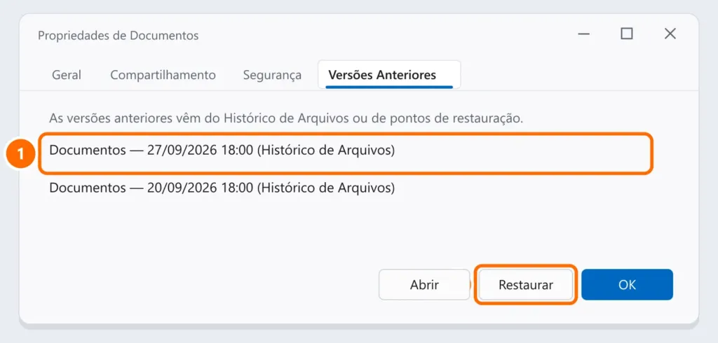 Guia Versões Anteriores da pasta Documentos com uma versão do Histórico de Arquivos selecionada e o botão Restaurar destacado
