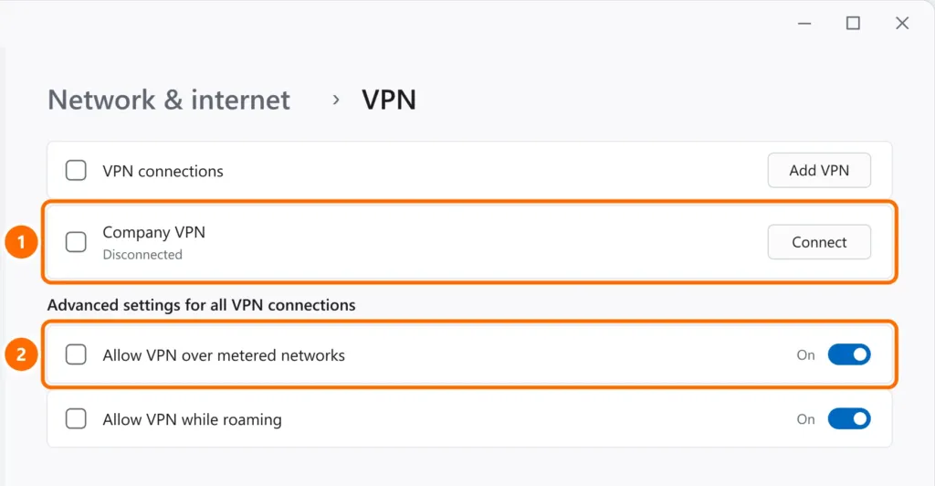 Windows VPN settings with the company connection and VPN over metered networks highlighted