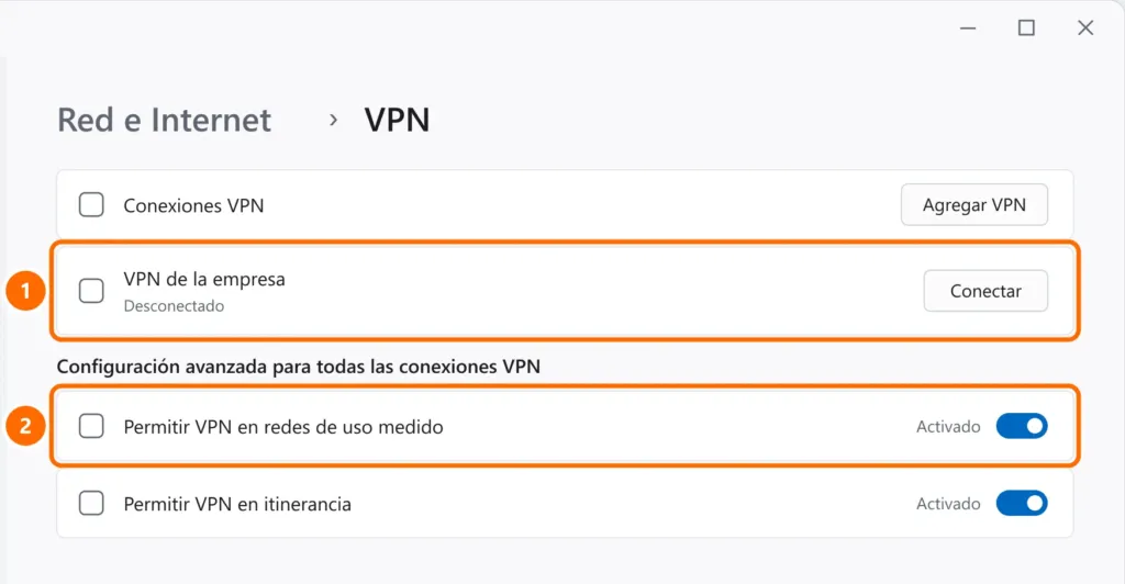 Configuración de VPN de Windows con la conexión de la empresa y la VPN en redes de uso medido destacadas