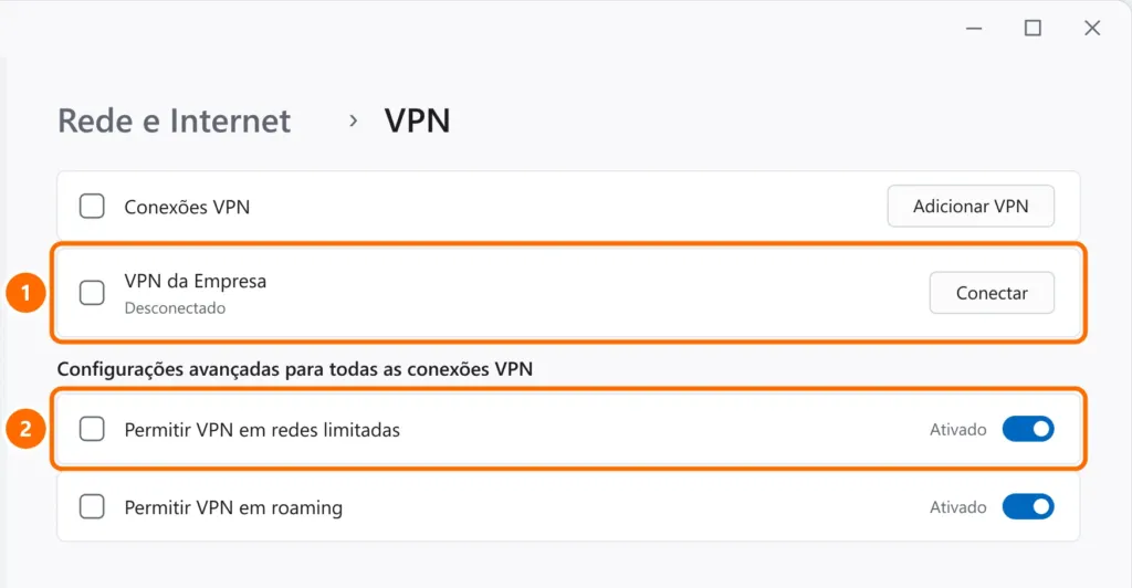 Configurações de VPN do Windows com a conexão da empresa e a opção de VPN em redes limitadas destacadas