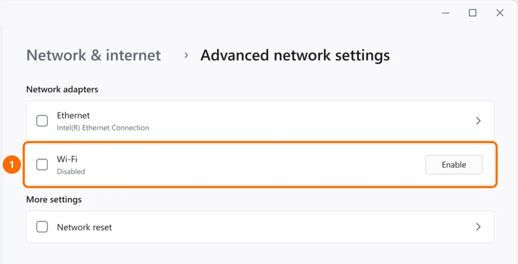 Advanced network settings with the Wi-Fi adapter disabled and the Enable button highlighted
