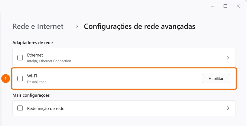Configurações de rede avançadas com o adaptador Wi-Fi desabilitado e o botão Habilitar destacado