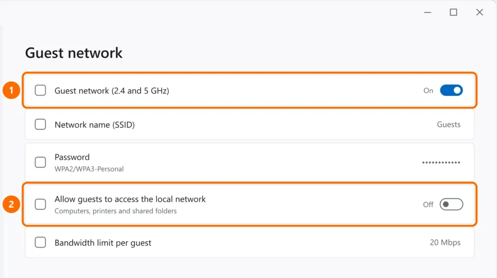 Generic router admin page on the Guest network section with the network on and local network access off, both highlighted
