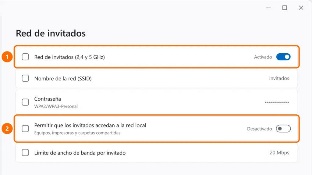 Panel genérico de router en la sección Red de invitados con la red activada y el acceso a la red local desactivado, ambos destacados
