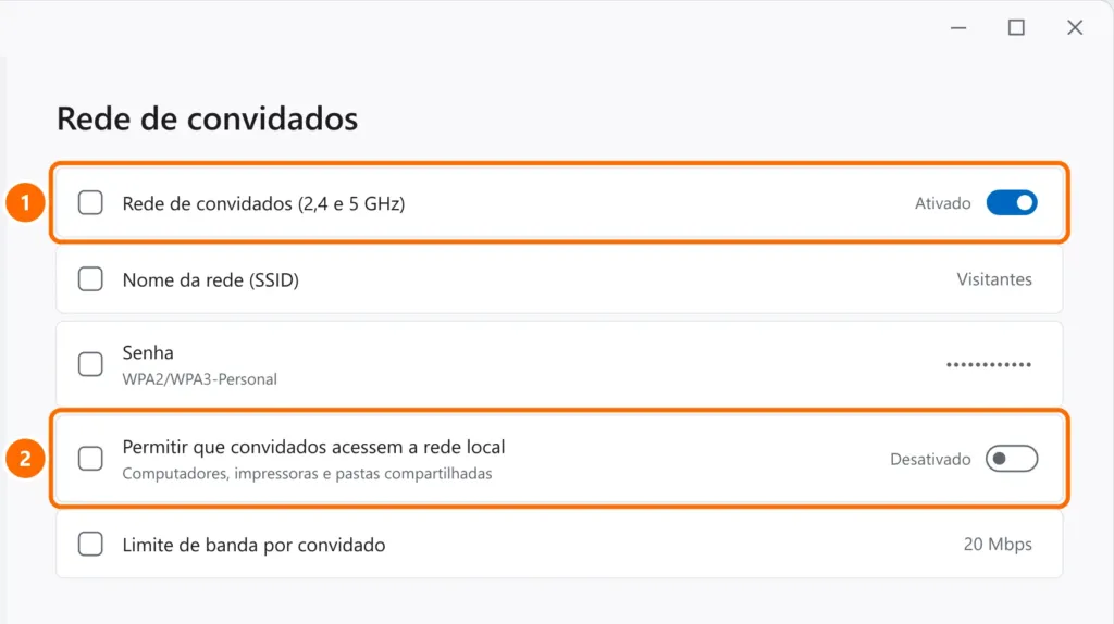 Painel genérico de roteador na seção Rede de convidados com a rede ativada e o acesso à rede local desativado, ambos destacados