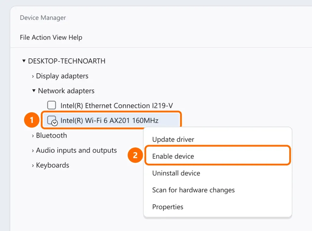 Device Manager with the disabled Wi-Fi adapter selected and Enable device highlighted in the menu