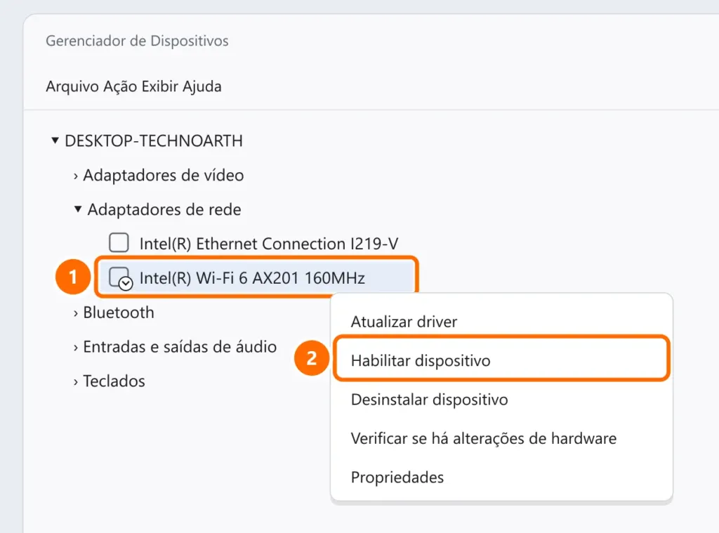 Gerenciador de Dispositivos com o adaptador Wi-Fi desabilitado selecionado e a opção Habilitar dispositivo destacada no menu