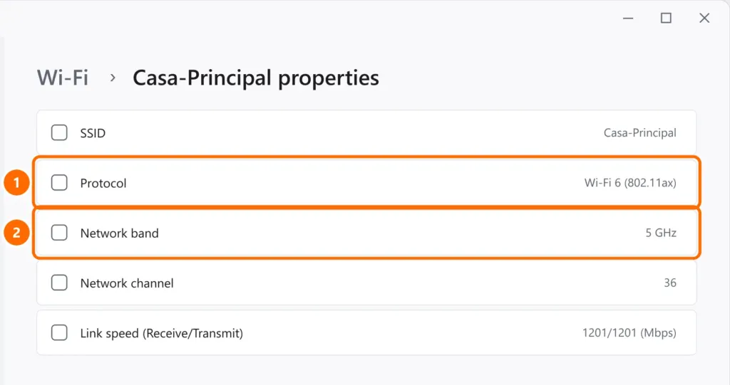 Wi-Fi network properties in Windows 11 with Protocol Wi-Fi 6 (802.11ax) and Network band 5 GHz highlighted