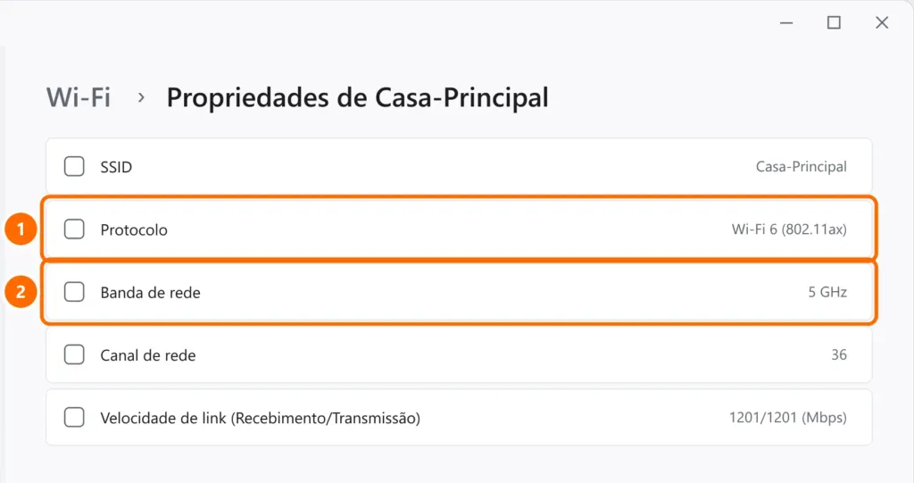 Propriedades da rede Wi-Fi no Windows 11 com o Protocolo Wi-Fi 6 (802.11ax) e a Banda de rede 5 GHz destacados