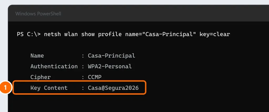 PowerShell with netsh wlan show profile key=clear and the Key Content line showing the password highlighted
