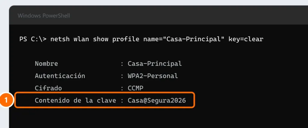 PowerShell con netsh wlan show profile key=clear y la línea Contenido de la clave con la contraseña destacada