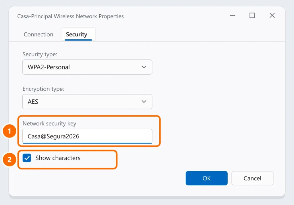 Wireless network properties on the Security tab with the security key visible and Show characters checked, both highlighted