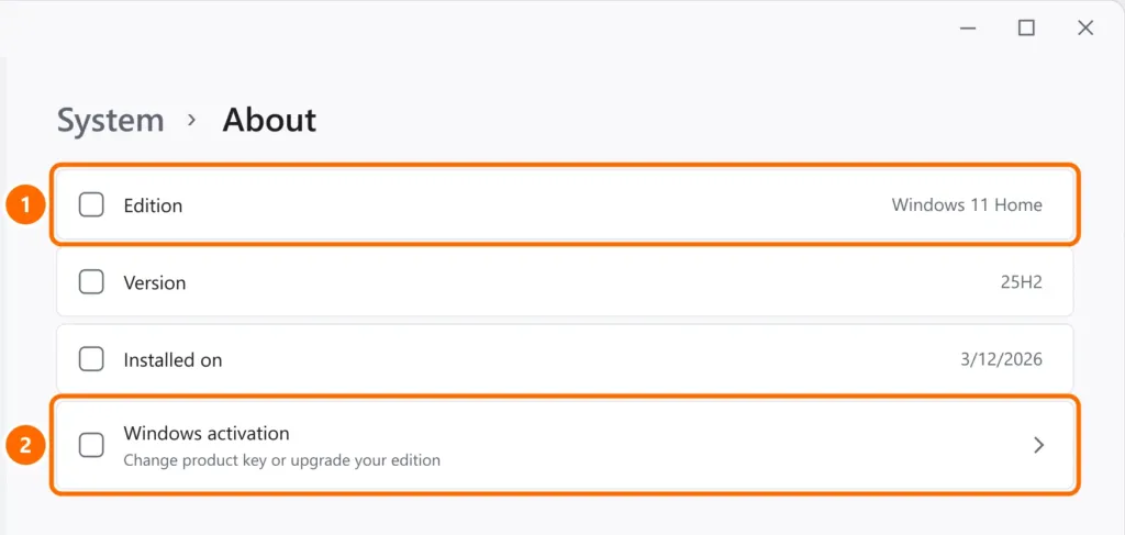 Settings under System › About with Edition Windows 11 Home and the Windows activation link highlighted