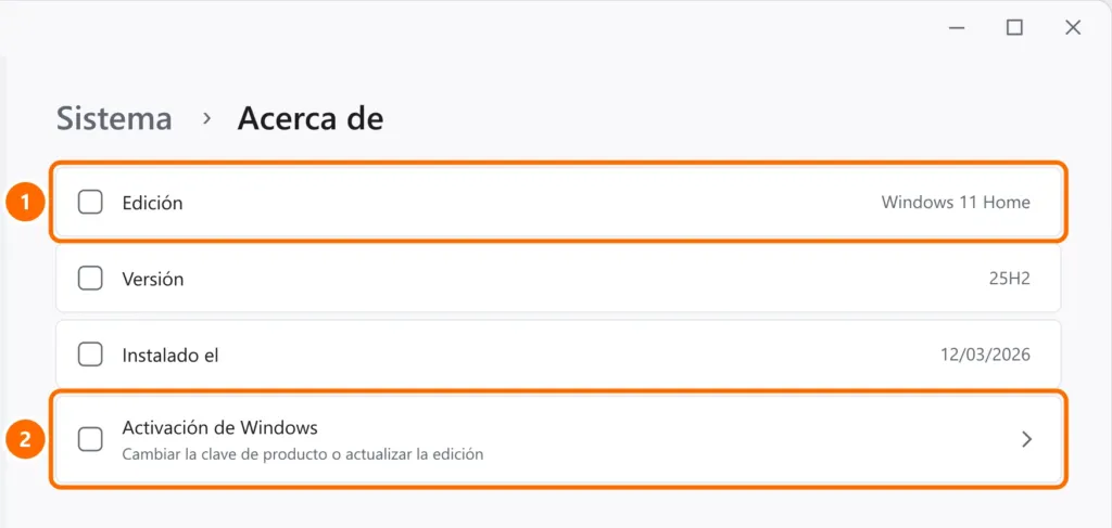 Configuración en Sistema › Acerca de con la Edición Windows 11 Home y el enlace Activación de Windows destacados