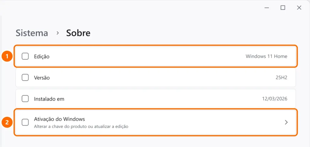 Configurações em Sistema › Sobre com a Edição Windows 11 Home e o link Ativação do Windows destacados