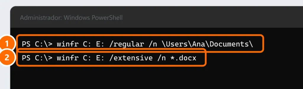 PowerShell con dos comandos de Windows File Recovery: modo regular para una carpeta y modo extensivo para archivos .docx, guardando en otro disco